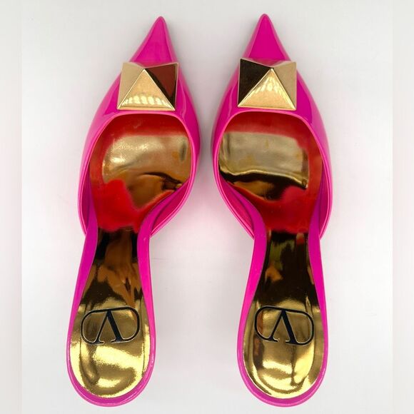 Valentino Garavani One Stud Pink Patent Leather Mules Heels EU 37.5 US 7.5 - Picture 5 of 13
